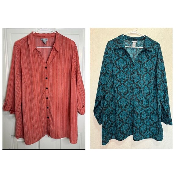 CATHERINES Button Front Tunic Blouse Top Green Pink Mix Print Lot Of 2 Sz 1X - Picture 1 of 16